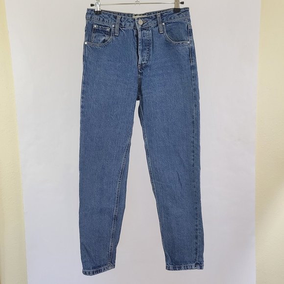 Stradivarius High Rise Button Fly Mom Cropped Jeans, Medium Wash - Picture 2 of 11